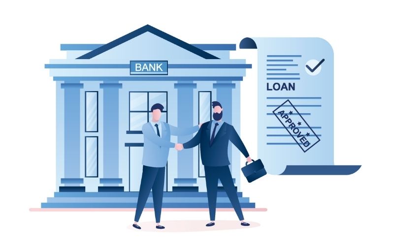 Businessmen handshake, approved loan. Loan agreement paper, bank building and male characters in trendy style. Borrower and credit agent. Vector illustration