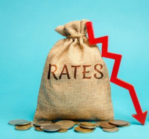 money bag with the word RATES; low interest rates concept