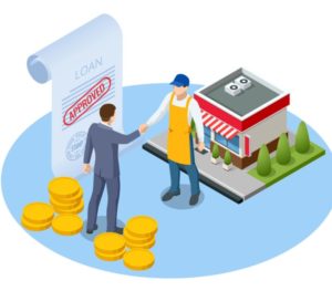 business owner and lender shaking hands; loan approved concept vector illustration