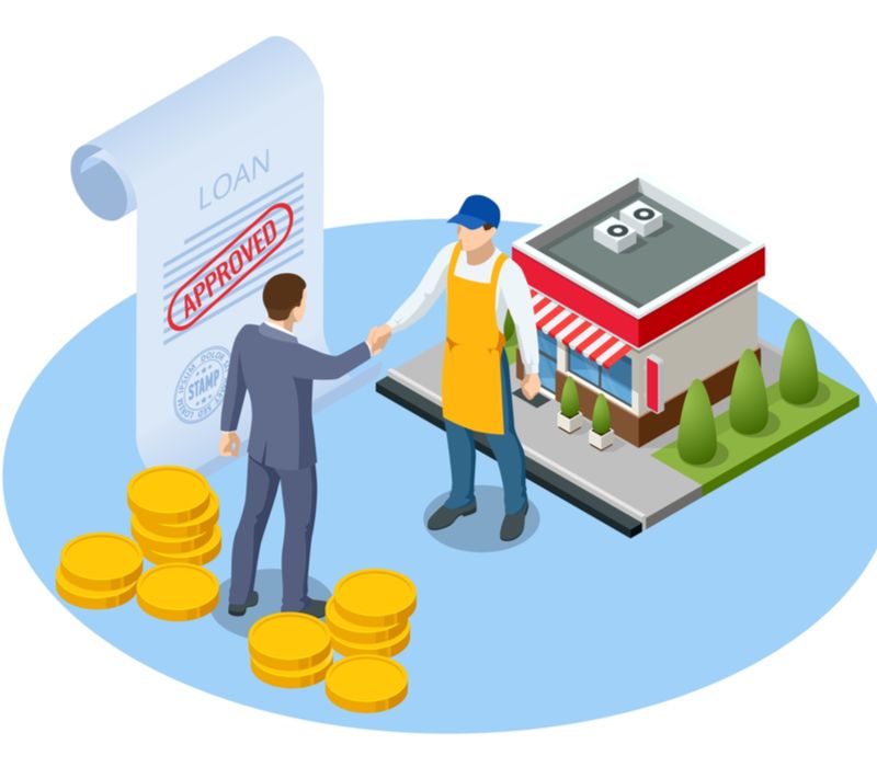 compare-business-loans-interest-rates business owner and lender shaking hands; loan approved concept vector illustration